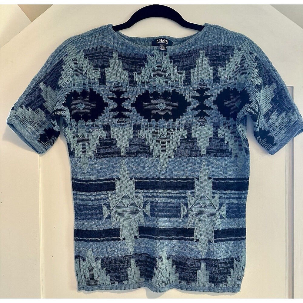 Vintage Chaps SS Boat Neck Sweater Western Short Sleeve Shirt Black/blue Sz S